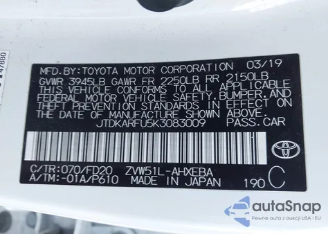 2019 Toyota Prius Le z USA, uszkodzony, nr VIN JTDKARFU5K3083009